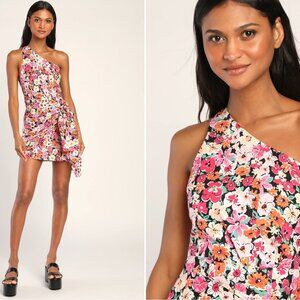 One shoulder pink floral dress